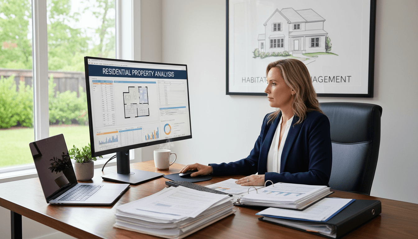 Property manager reviewing property management documents and residential portfolios