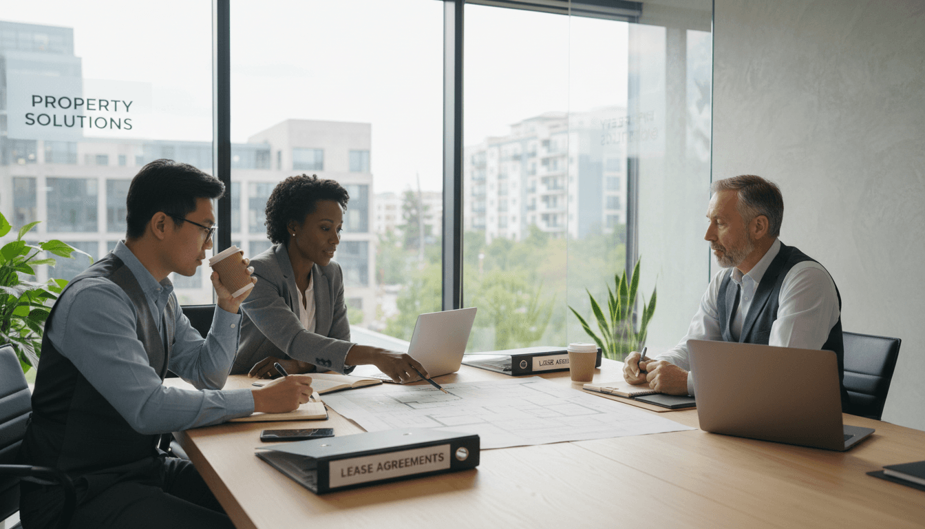 Property manager and client discussing property management strategy in professional office setting