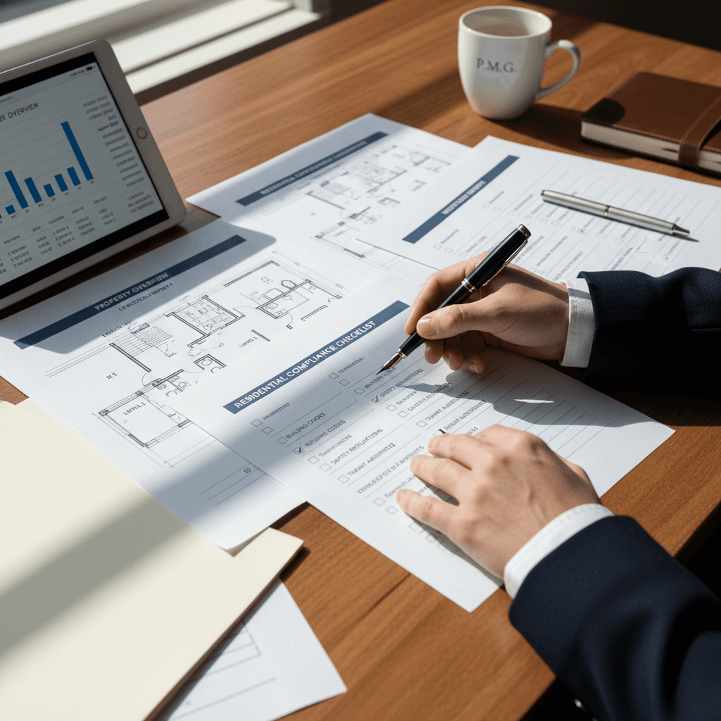 Property manager at desk reviewing residential property management documents