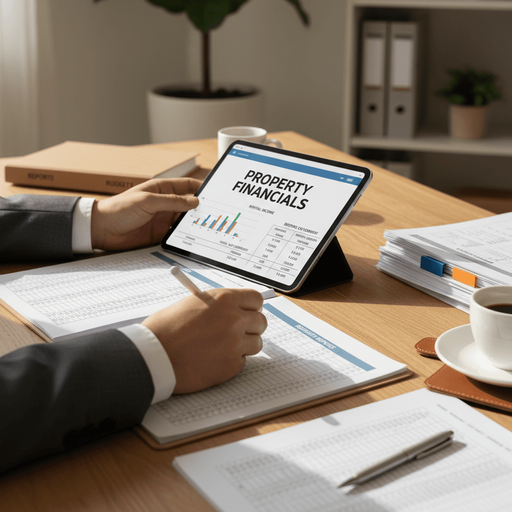 Property manager reviewing residential property documents and management plans at desk